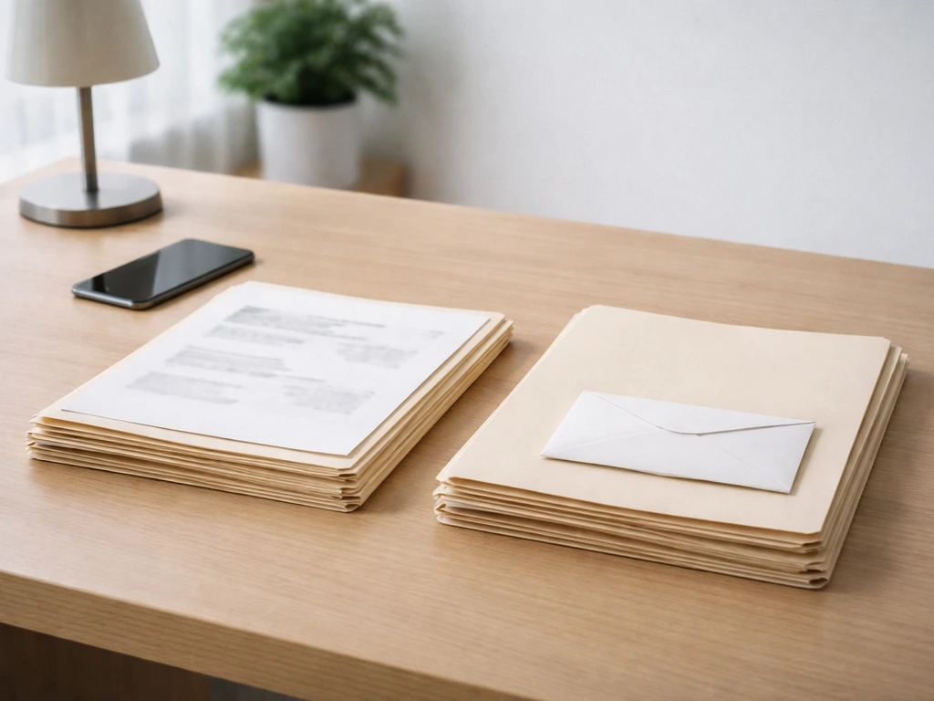 Minimal office desk with two side-by-side document stacks suggesting public evidence vs missing disclosures