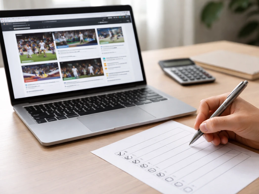 Close-up of a checklist being marked beside a laptop showing a generic sports registry page.