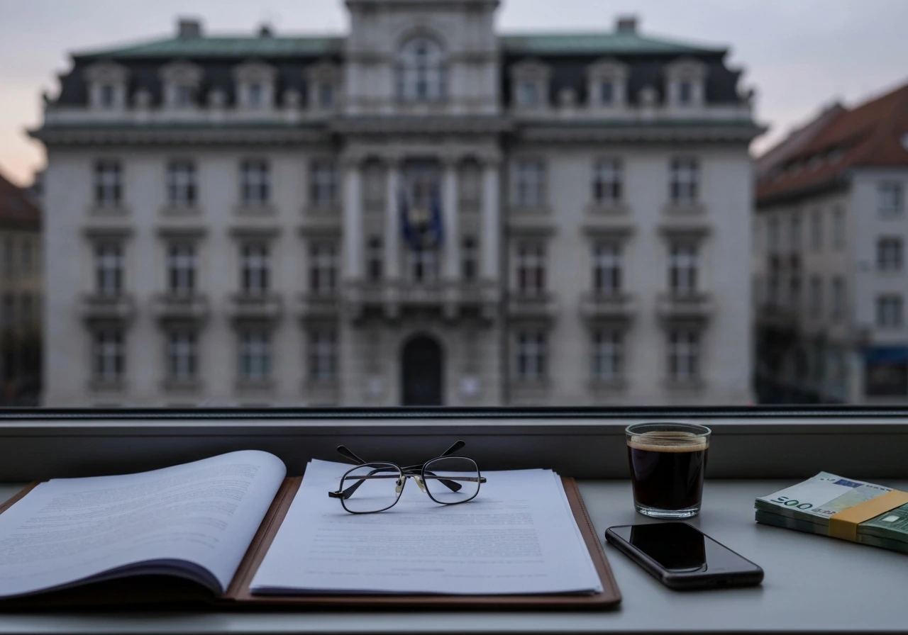 Minimal desk scene with Euro cash and blurred government building, symbolizing politician finance topic.