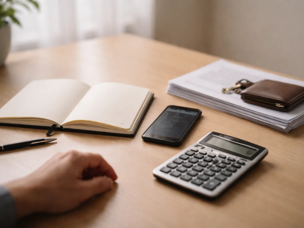 Minimal office desk scene with notebook, calculator, documents, and smartphone suggesting net worth calculation.