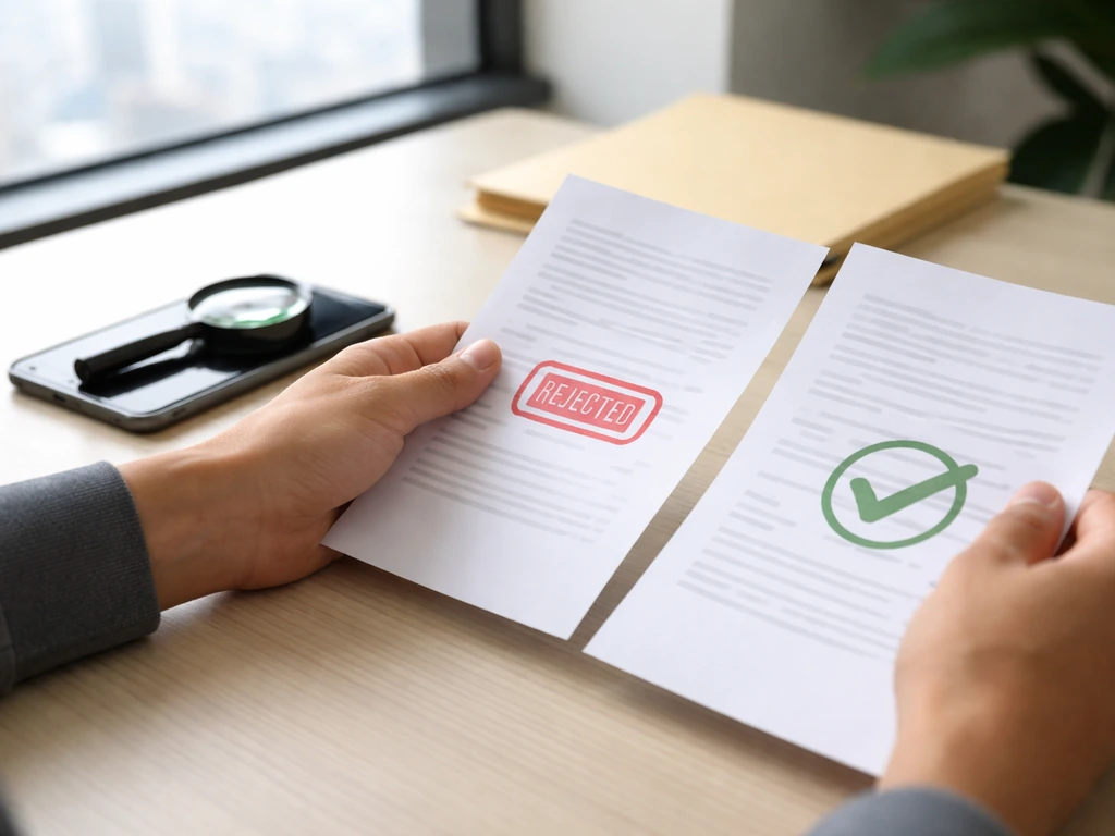 Person in a simple office desk scene comparing papers with a red and green check stamp, no text.