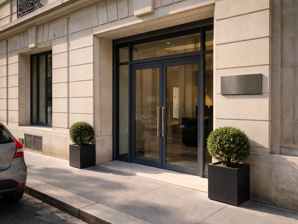 Paris office exterior with a discreet company entrance, suggesting the 2b Management context for René Bosne.