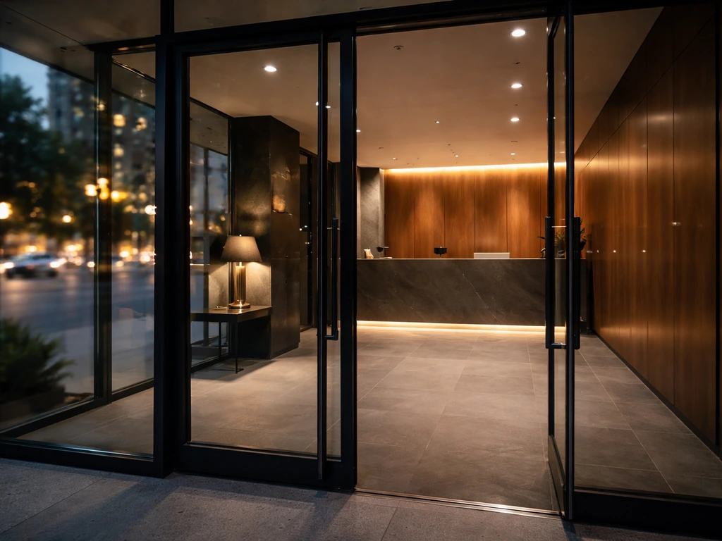 Modern media/agency office entrance with subtle luxury details, suggesting corporate footprint and financial success