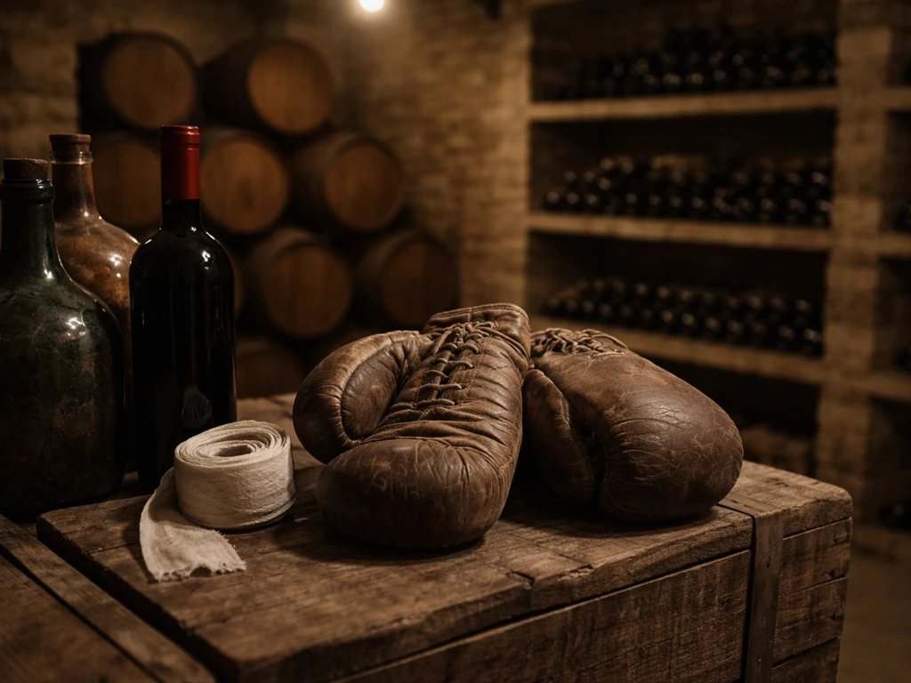 Vintage French wine cellar with a boxing glove and training wrap resting on a wooden crate