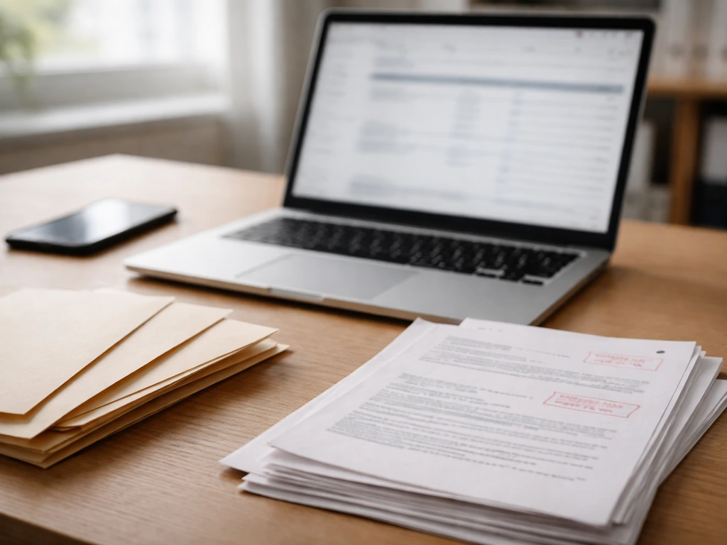 Minimal desk scene with a laptop and paper folders suggesting French corporate filings cross-check.