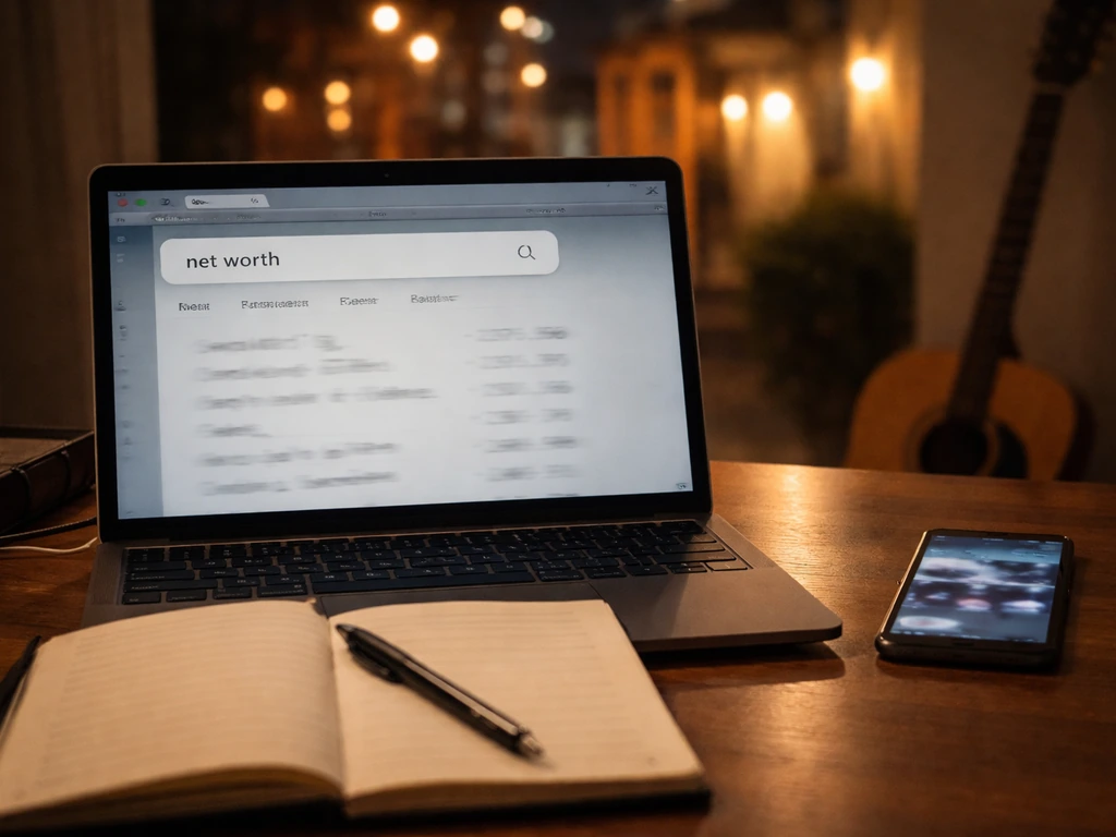 Desk scene with an anonymous laptop and notes, plus a blurred Balkan city/music vibe, suggesting net worth verification.