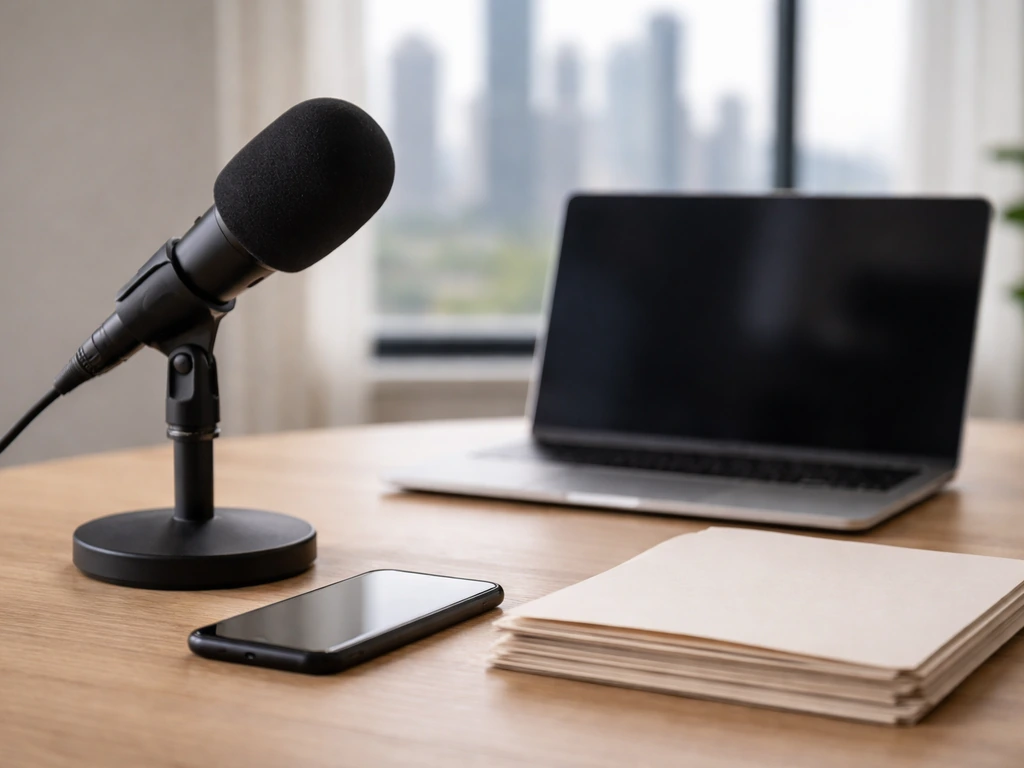 Minimal studio desk scene with microphone, papers, and laptop symbolizing celebrity media finance analysis