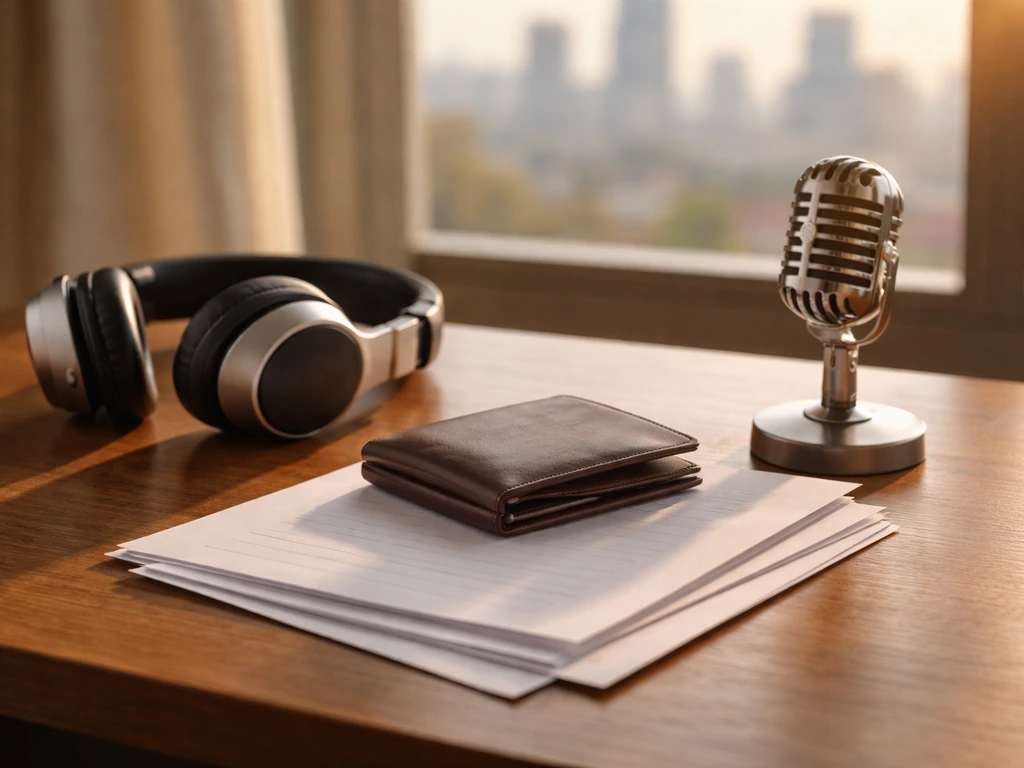 Minimal studio desk with music gear and a wallet beside investment documents, symbolizing net worth range context.