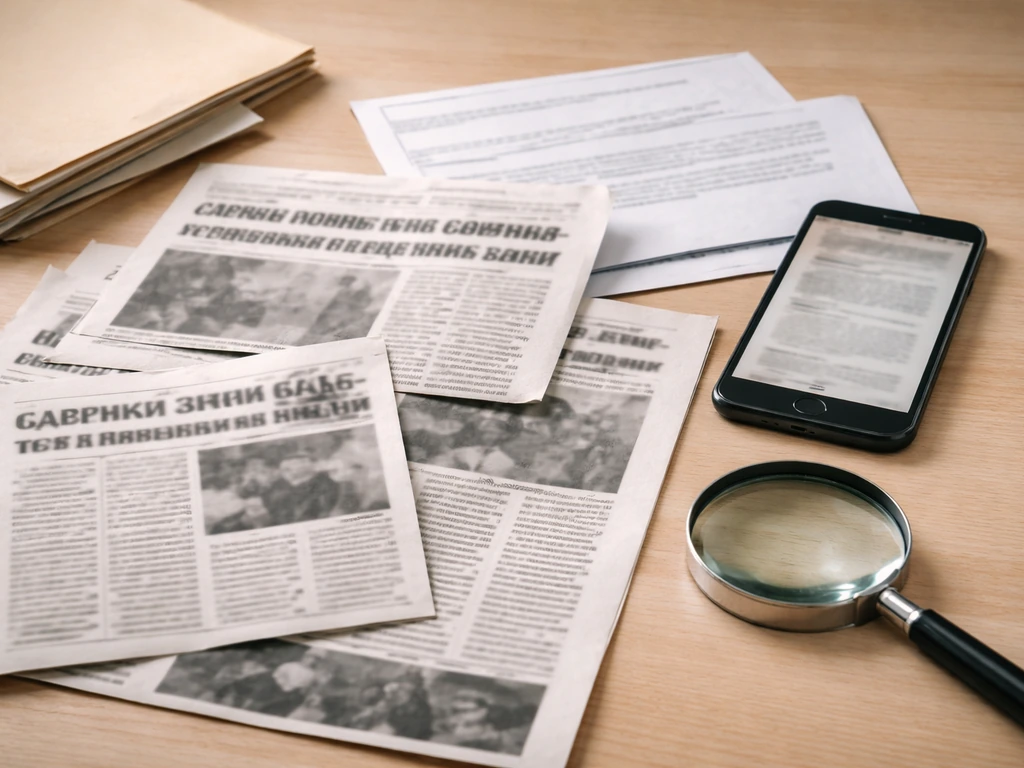 Close-up of Serbian news clippings and a smartphone showing blank pages for verification-style reference
