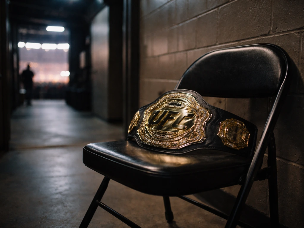 UFC-style featherweight champion belt resting on a chair in a quiet arena corner, fight-night atmosphere