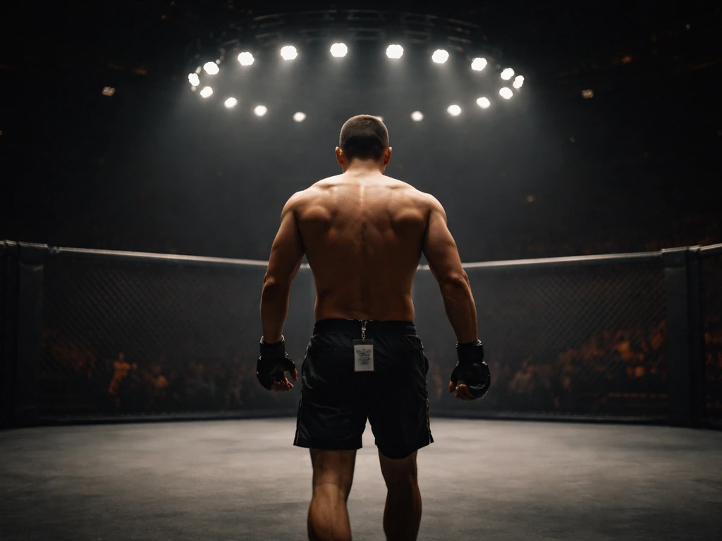 Anonymous fighter walking toward the UFC cage under circular arena lights, pre-fight atmosphere.