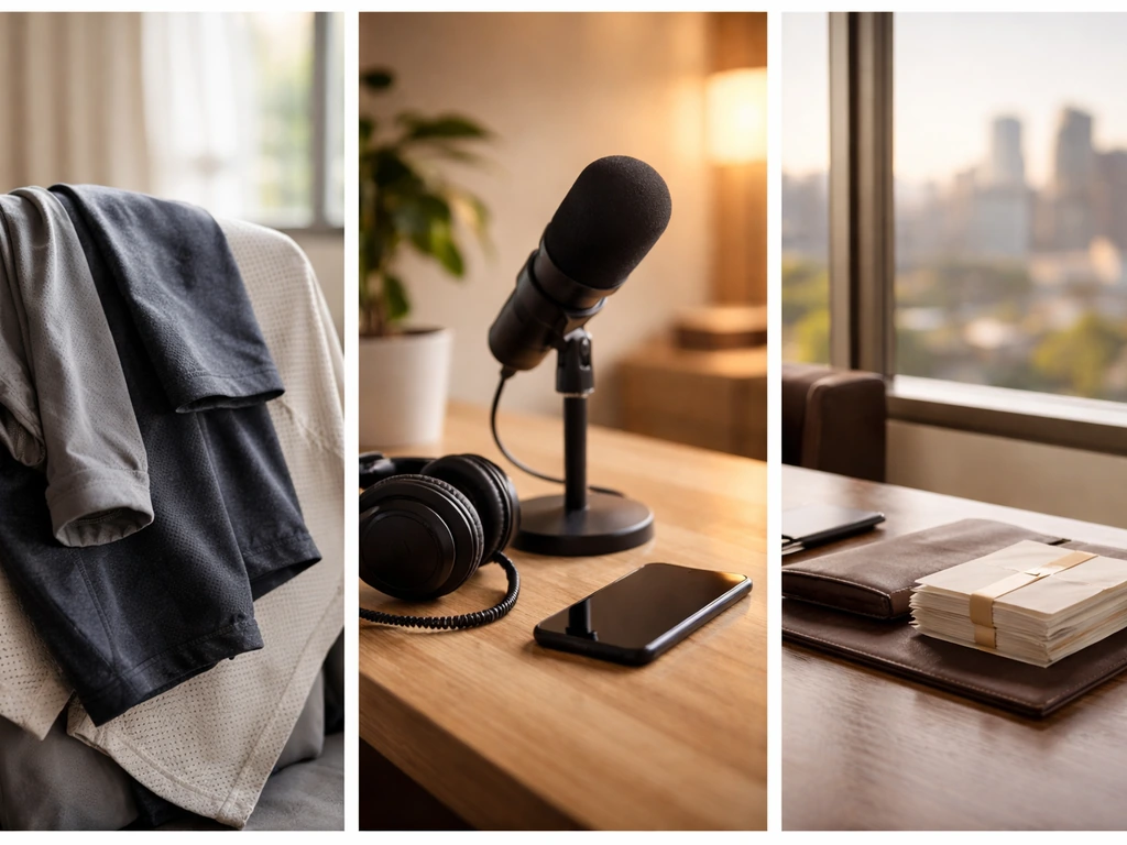 Minimal collage of unbranded apparel, a studio mic desk, and a luxury office—symbolic sponsorship touchpoints.