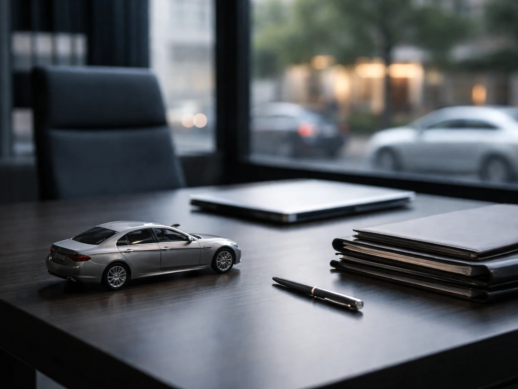 Modern executive office desk with a luxury car model and city view, symbolizing automotive business leadership and estim