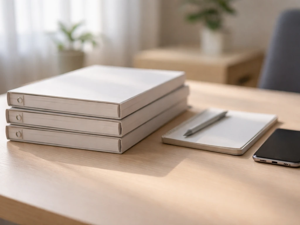 Minimal office desk with stacked business report folders and a smartphone, representing evidence sources for cross-check
