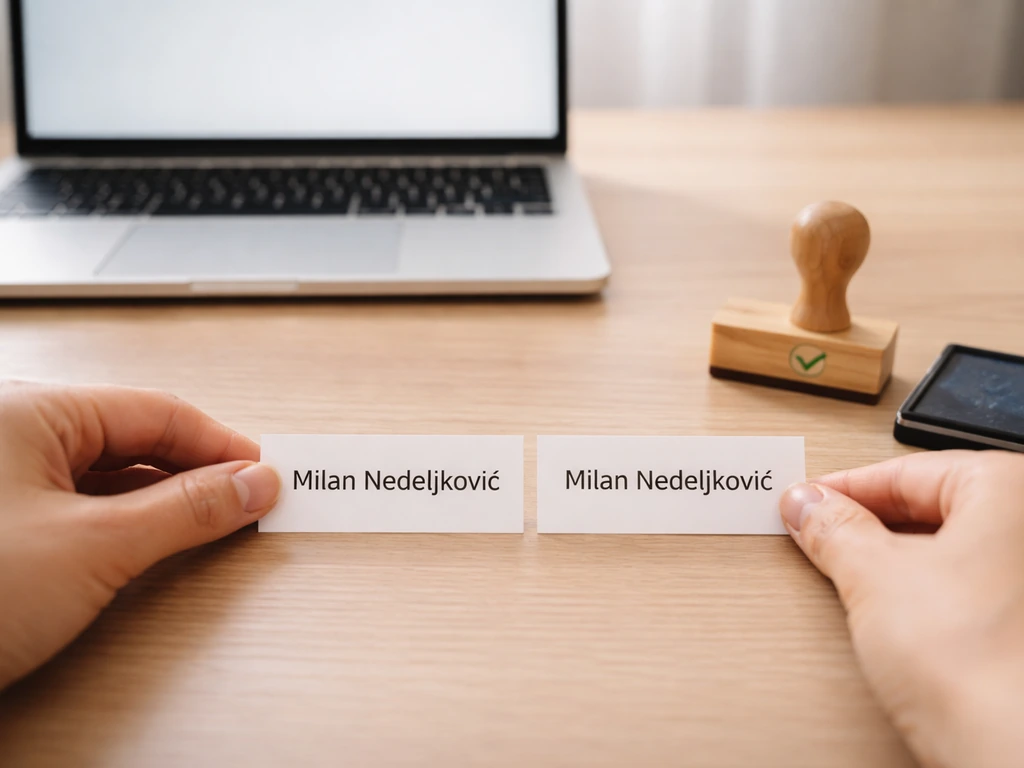 Hands compare two name cards and a check-style stamp on a clean desk for spelling verification.