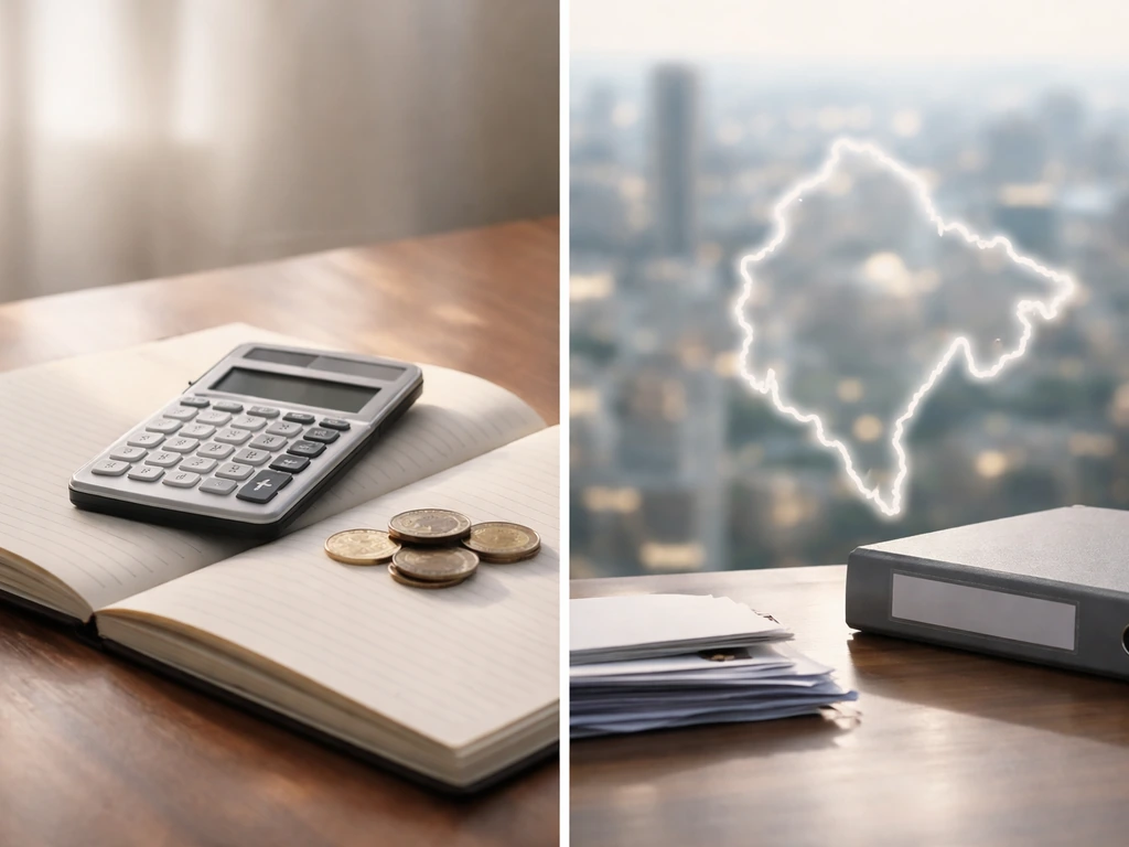 Split-screen desk calculator and coins on one side, Montenegro-themed finance documents and city bokeh on the other.