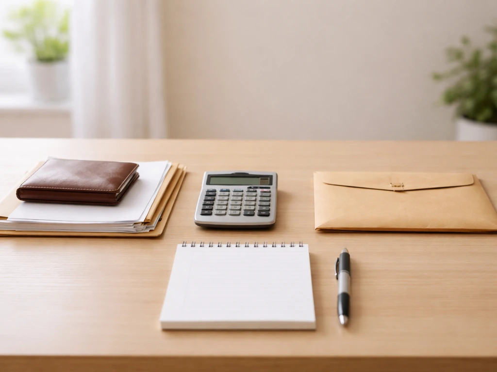 Minimal desk scene with calculator and documents symbolizing assets minus liabilities for net worth.