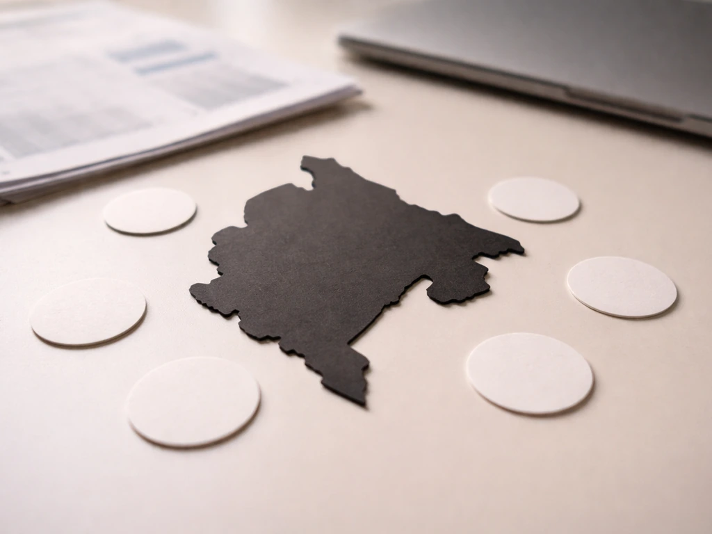 Montenegro-shaped outline on a desk with blank callout tags and blurred financial papers, no text.