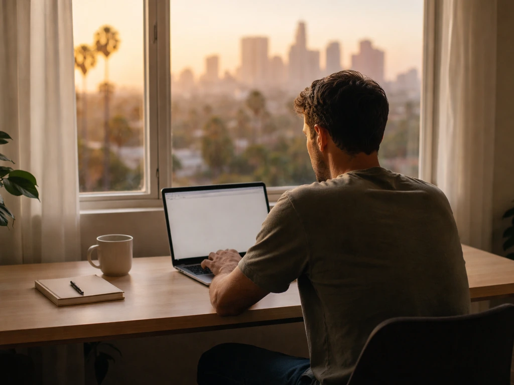 Los Angeles entrepreneur at a minimalist desk with a laptop, coffee, and blurred city skyline behind