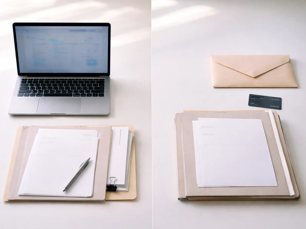 Desk split between assets papers and liability statements beside a laptop finance dashboard glow.