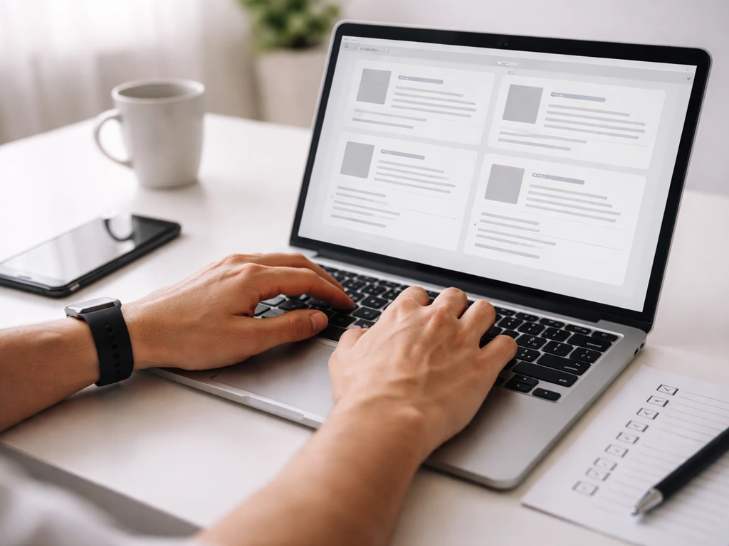 Hands checking a printed checklist beside a laptop showing generic company search results panels.