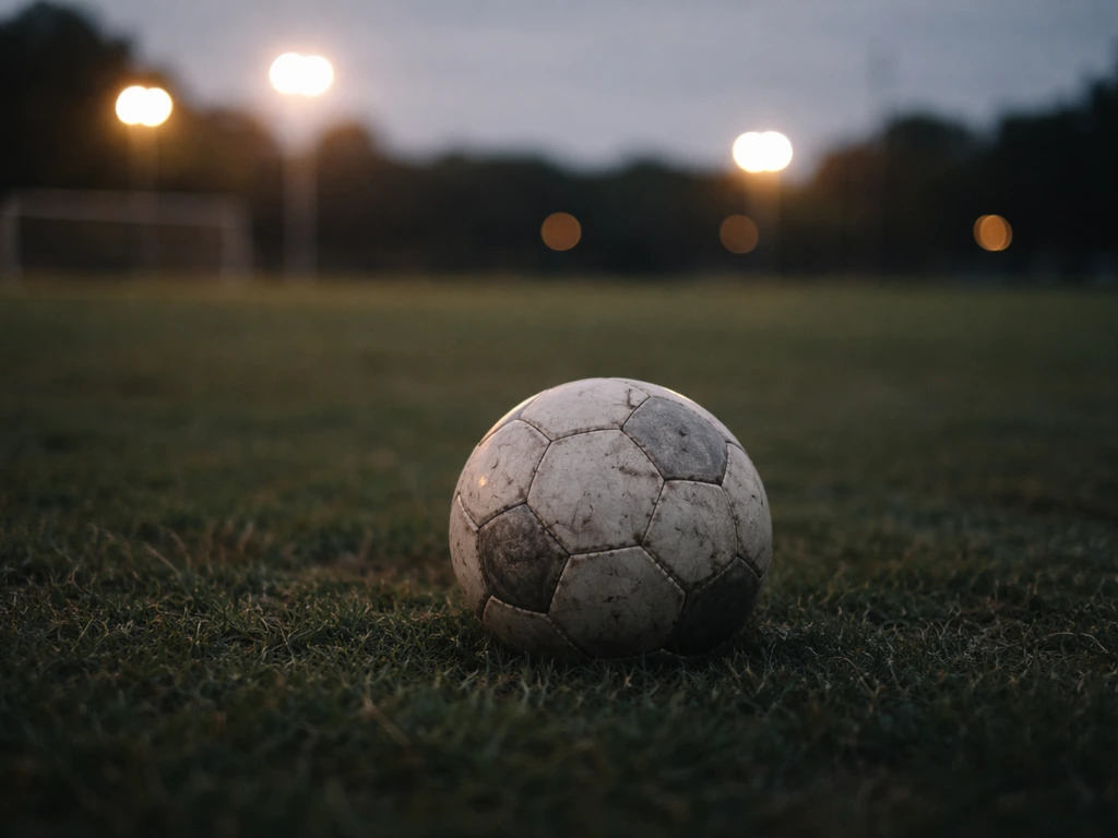 Empty football training field at dusk with a single worn ball on the grass, hinting at a player’s career value.