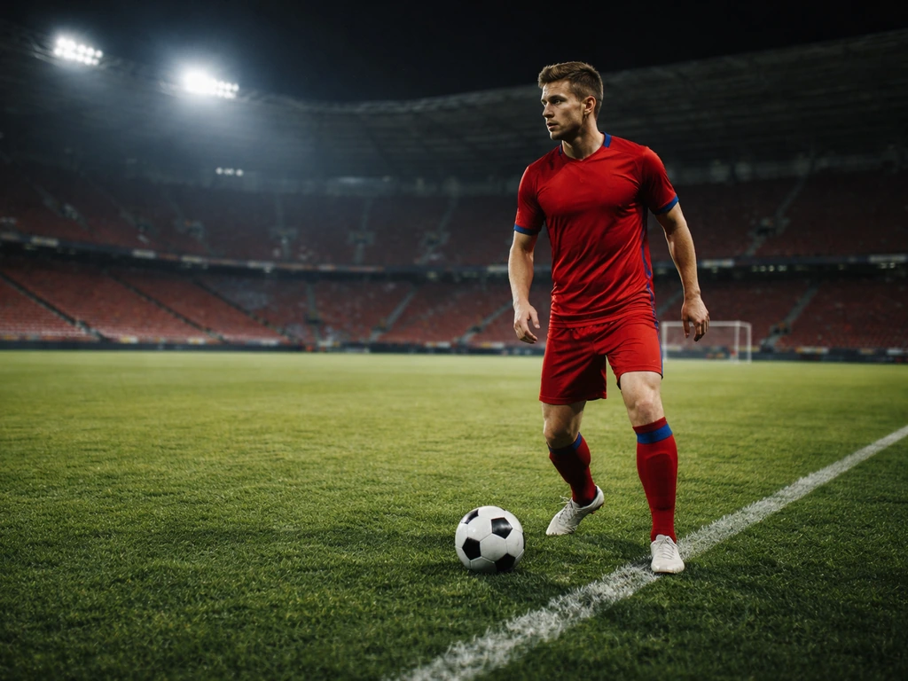 Football striker in a red kit with a ball on match-day grass under stadium lights