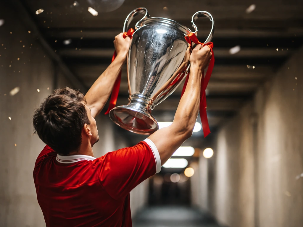 Anonymous footballer in a red kit lifting a Champions League–style trophy in a quiet stadium tunnel