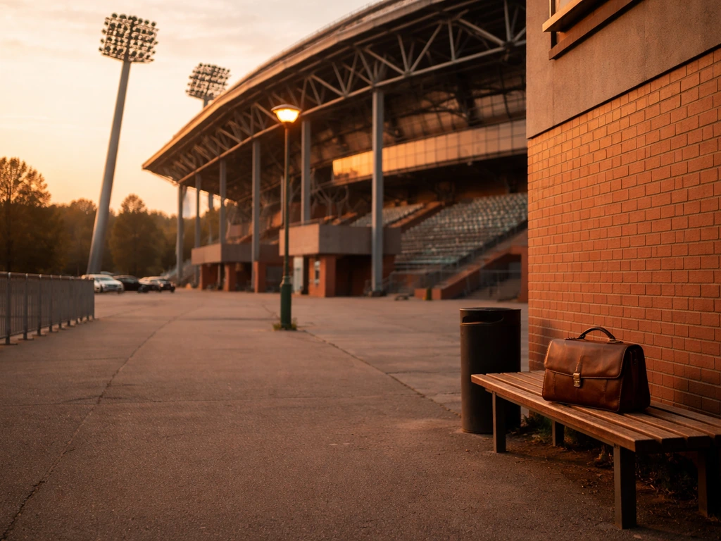Empty Ostrava stadium walkway at golden hour with a leather briefcase on a bench, implying assets and lifestyle.