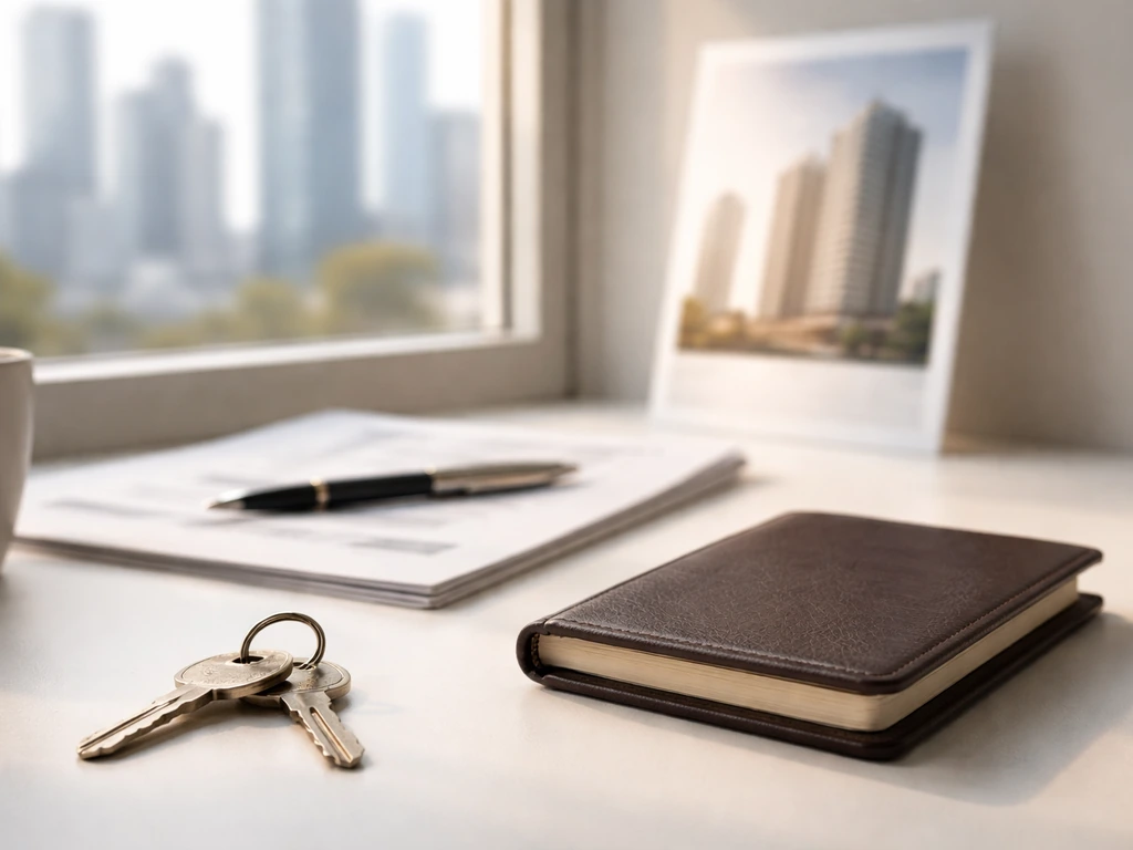 Minimal office desk with keys and a business notebook, symbolizing real-estate identity checks