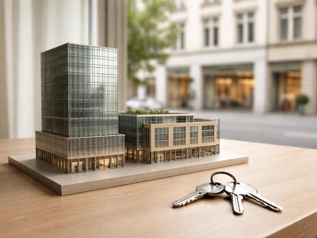 Minimal photo of a real-estate desk scene with property model blocks and a CPIPG-style commercial building backdrop.