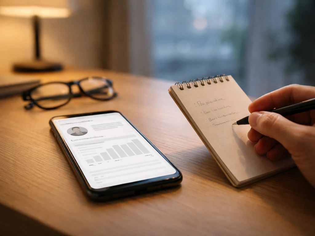Close-up of a hand reviewing a smartphone-style web page for billionaire tracker, minimal office desk.