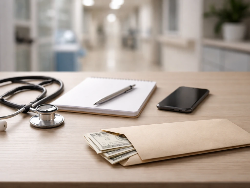 Hospital doctor’s desk with a smartphone and documents beside a neatly lit cash envelope, symbolizing finance verificati