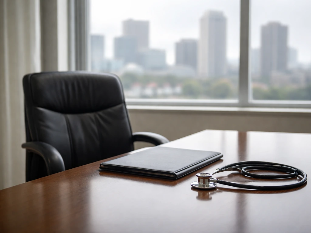 Medical executive conference room with soft daylight, blurred documents, and a professional atmosphere