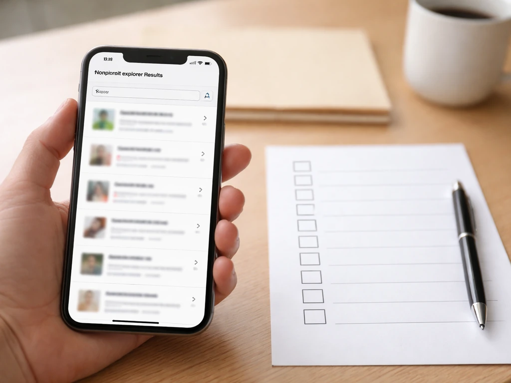 Phone photo of a finance verification checklist beside an open nonprofit explorer web page
