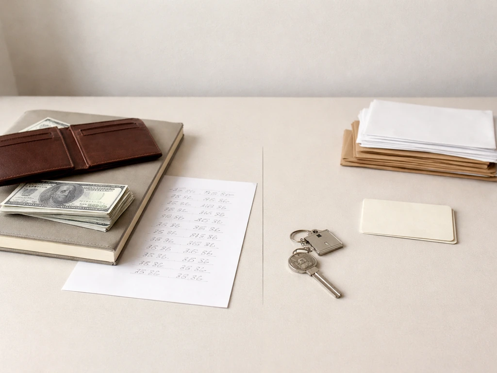 Minimal desk scene split between asset-like items and liability-like items to symbolize net worth.