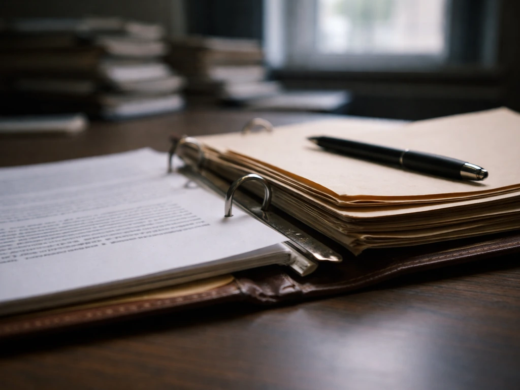 Open investigative report binder on a desk with folders and a pen, evidence-focused journalism mood.