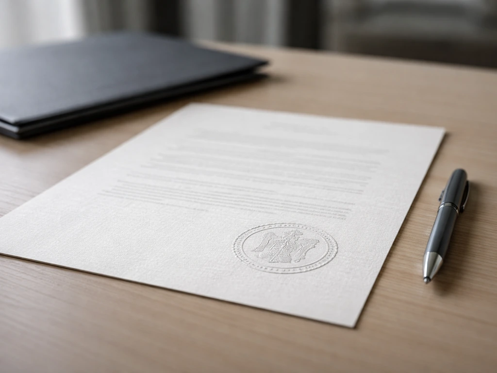 Close-up of a stamped government decision document on a desk with an official folder and pen