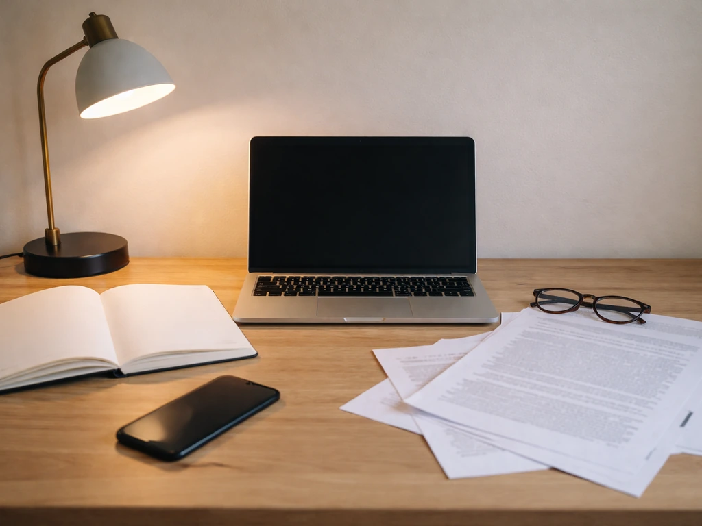 Minimal desk scene with laptop and printed documents suggesting evaluating credibility of information