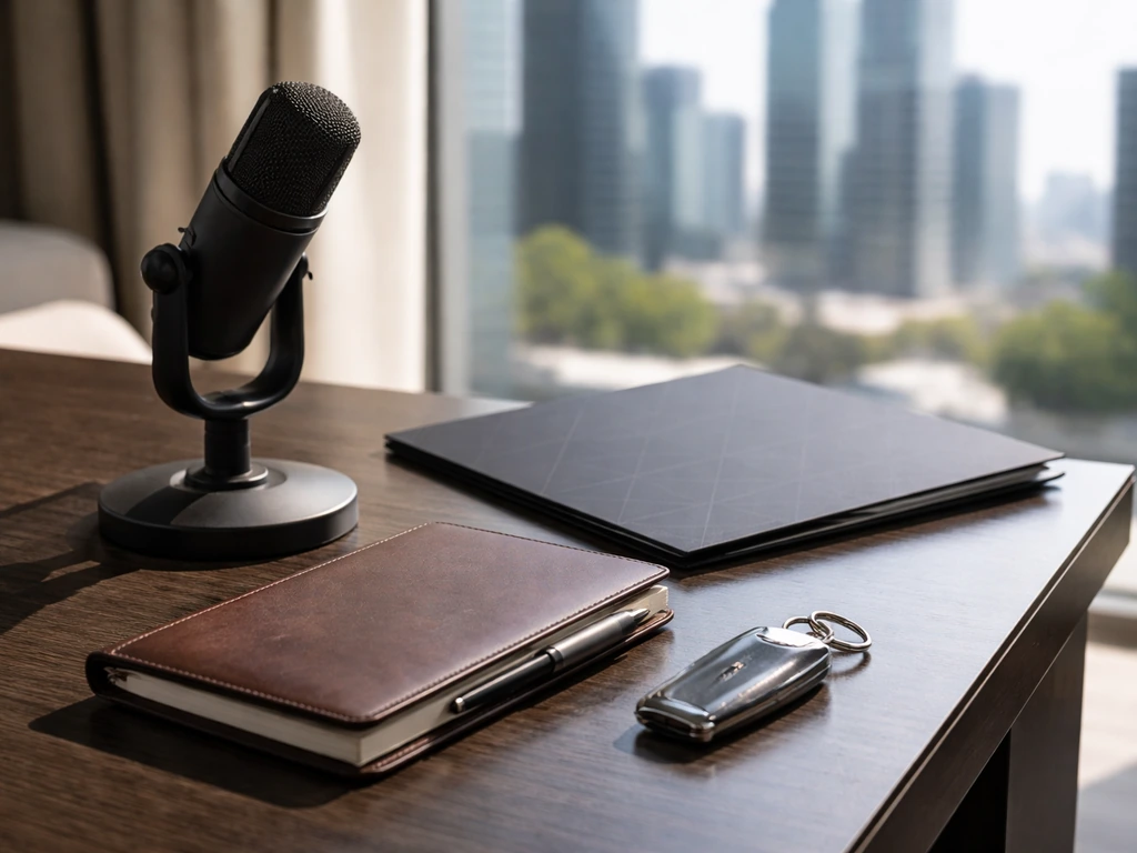 Modern office desk with a microphone and blurred city skyline, symbolizing corporate wealth and media focus.