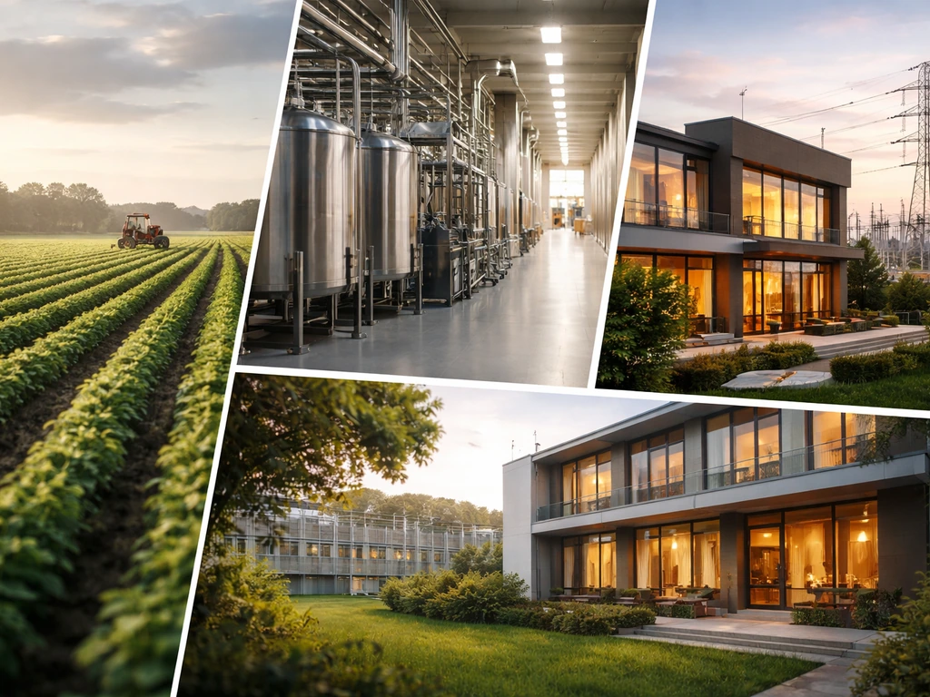 Minimal environmental scene combining agriculture, food processing, hospitality, and energy infrastructure elements.