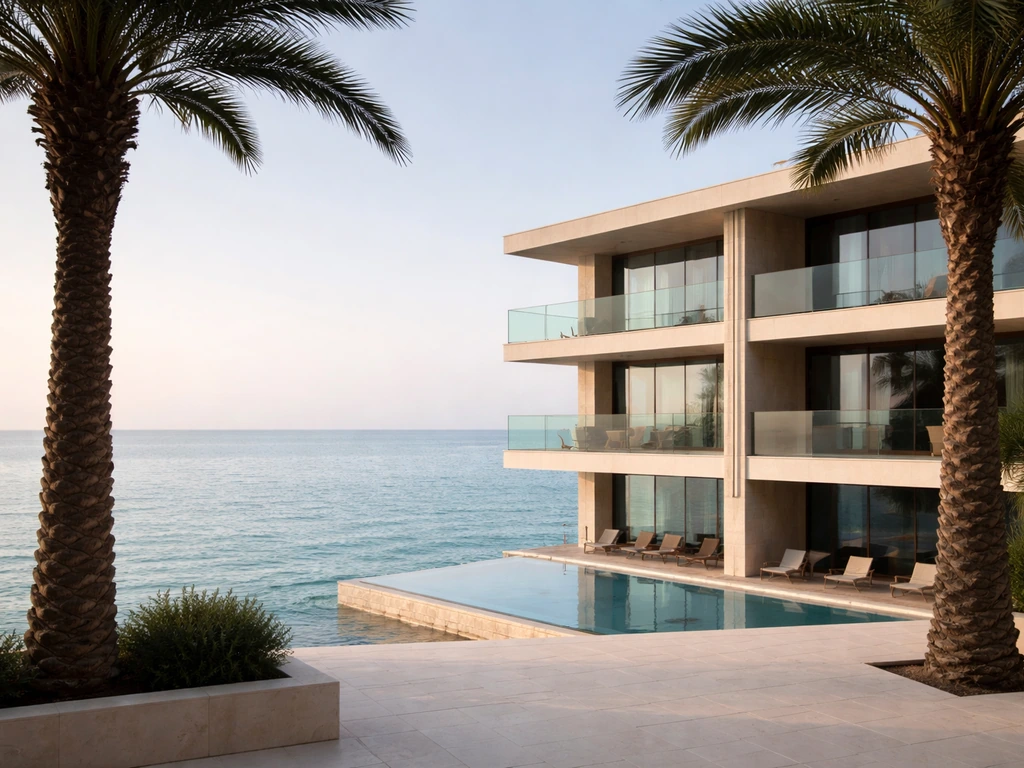 Quiet coastal hotel exterior with palm trees and sea view, representing a tourism and real estate portfolio.