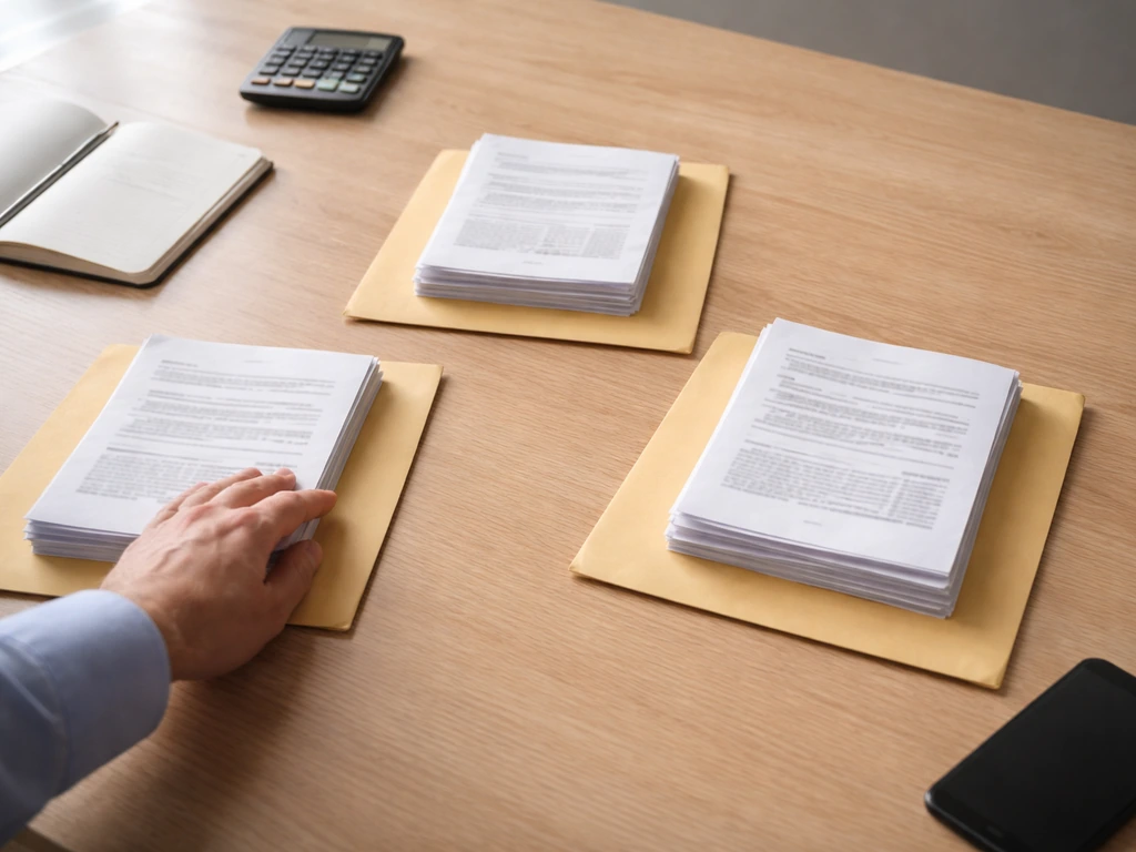 Anonymous hand arranging three unlabeled document stacks in a triangular layout on a desk.