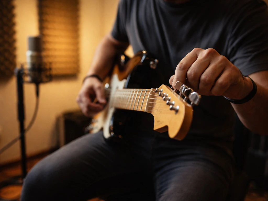 Anonymous musician’s hands tuning an electric guitar in a quiet recording studio with a microphone nearby