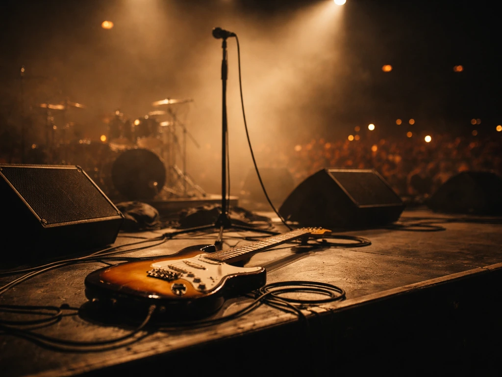 Close-up of an electric guitar and stage setup with blurred concert lights and monitors in the background.