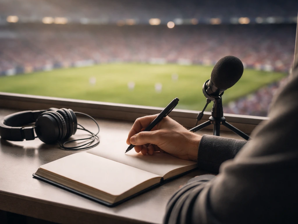 Minimal photo of an anonymous sports-media professional at a desk with a notebook and microphone, symbolic of net-worth