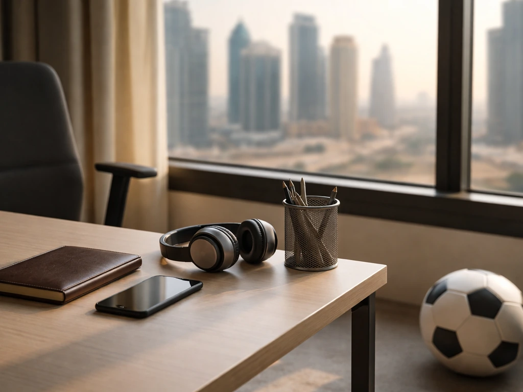 Qatar football advisory setting: quiet office desk with notebook, headset, and a soccer ball on the floor.