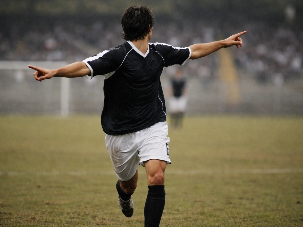 Anonymous retro-era football striker celebrating on a grass pitch with a blurred stadium background.