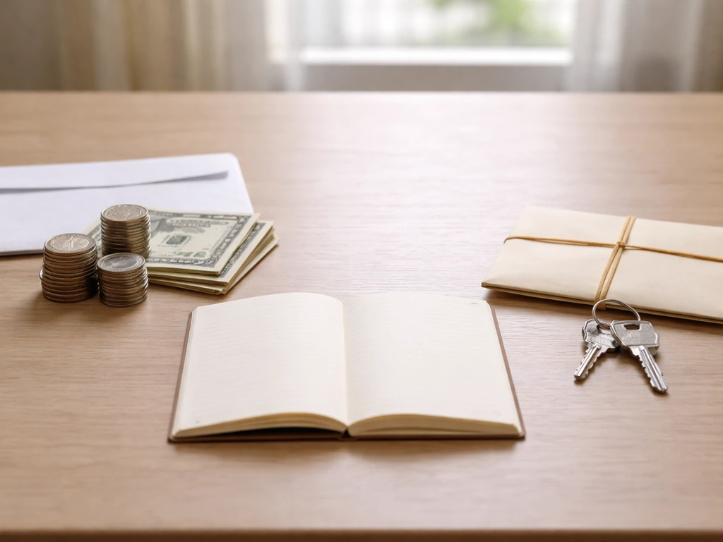 Minimal desk scene split into assets items and liabilities items to symbolize net worth as assets minus debts.