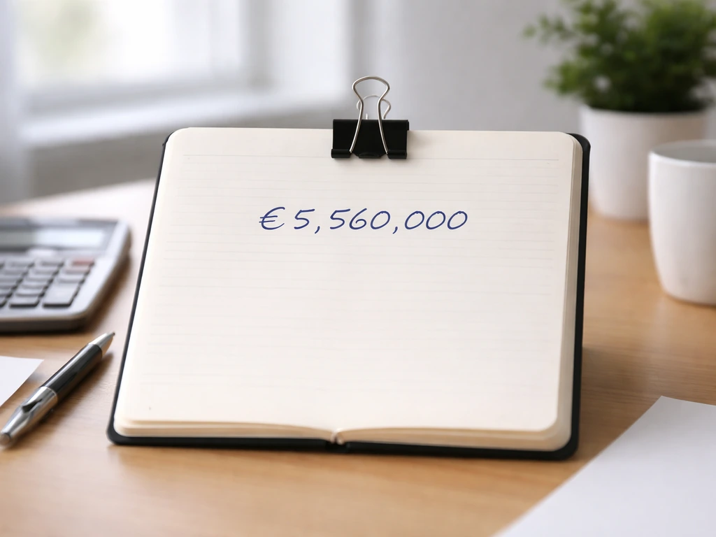 Minimal desk scene with a crisp wage-detail style notebook page featuring a single euro amount.